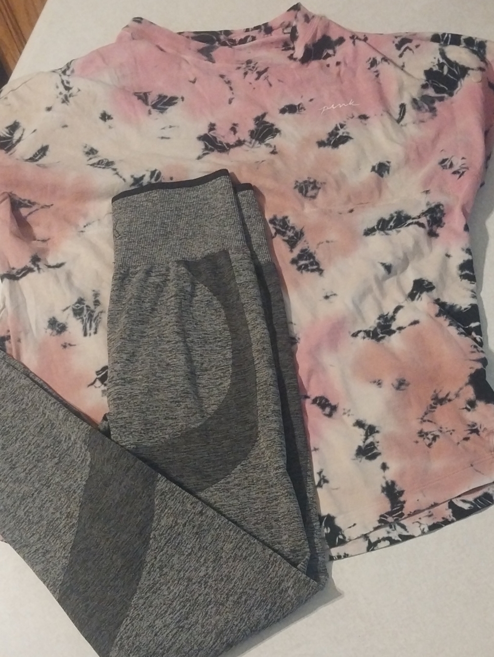 Victoria's Secret PINK Pink and Gray Tie-Dye Tee With GRAY and Black Joggers.